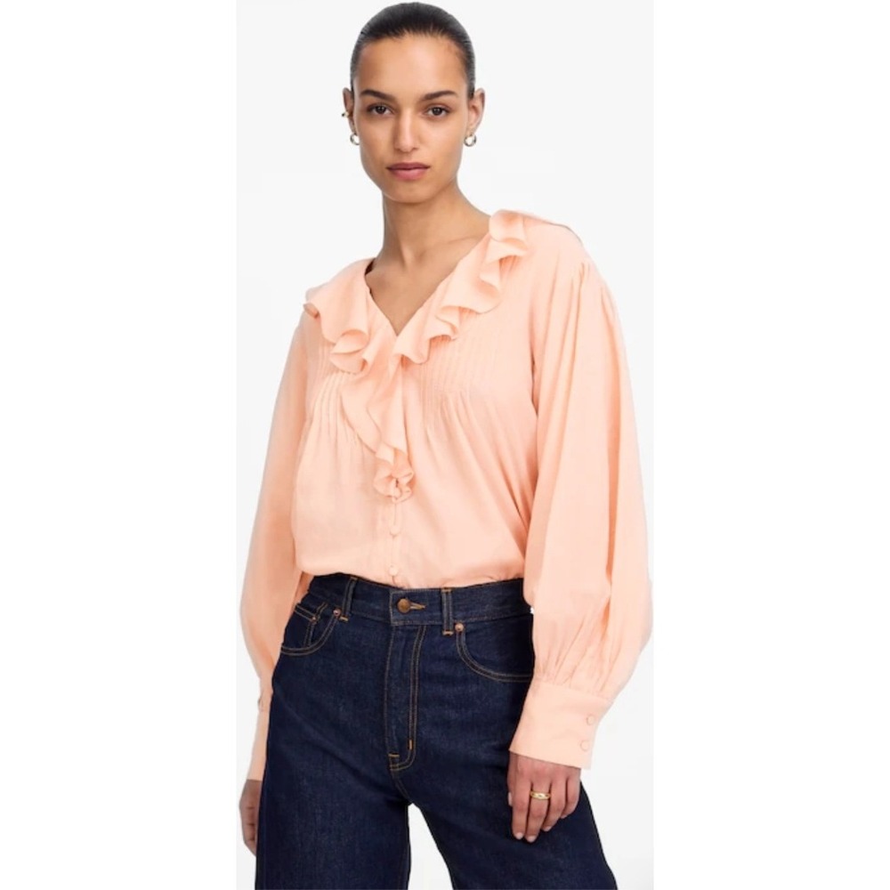Madewell Ruffled Pintuck Blouse Peach Long Sleeve V Neck Button Up XXS NWT $98